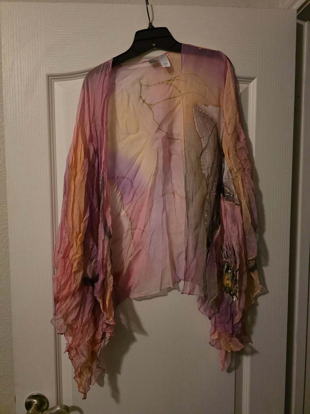 Fancy Chico's Pastel Silk Tie Dye Beaded Bohemian Shrug Cape Size M/L